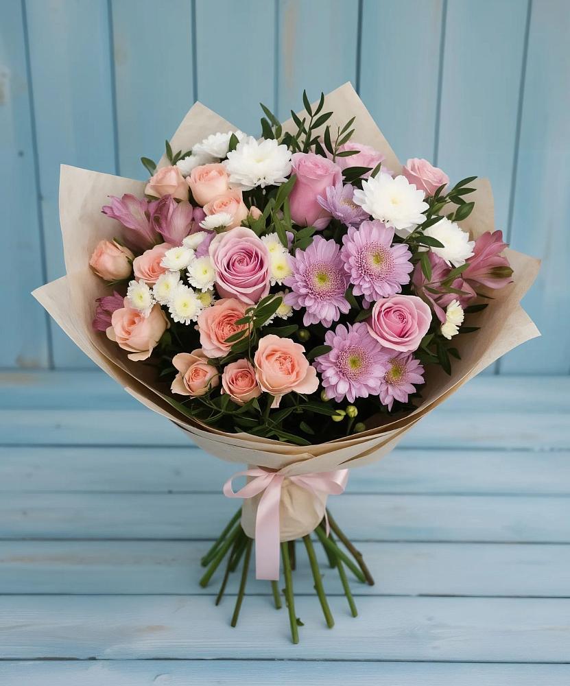 Букет цветов из: Хризантемы, Розы и Альстромерии в Кошурниково