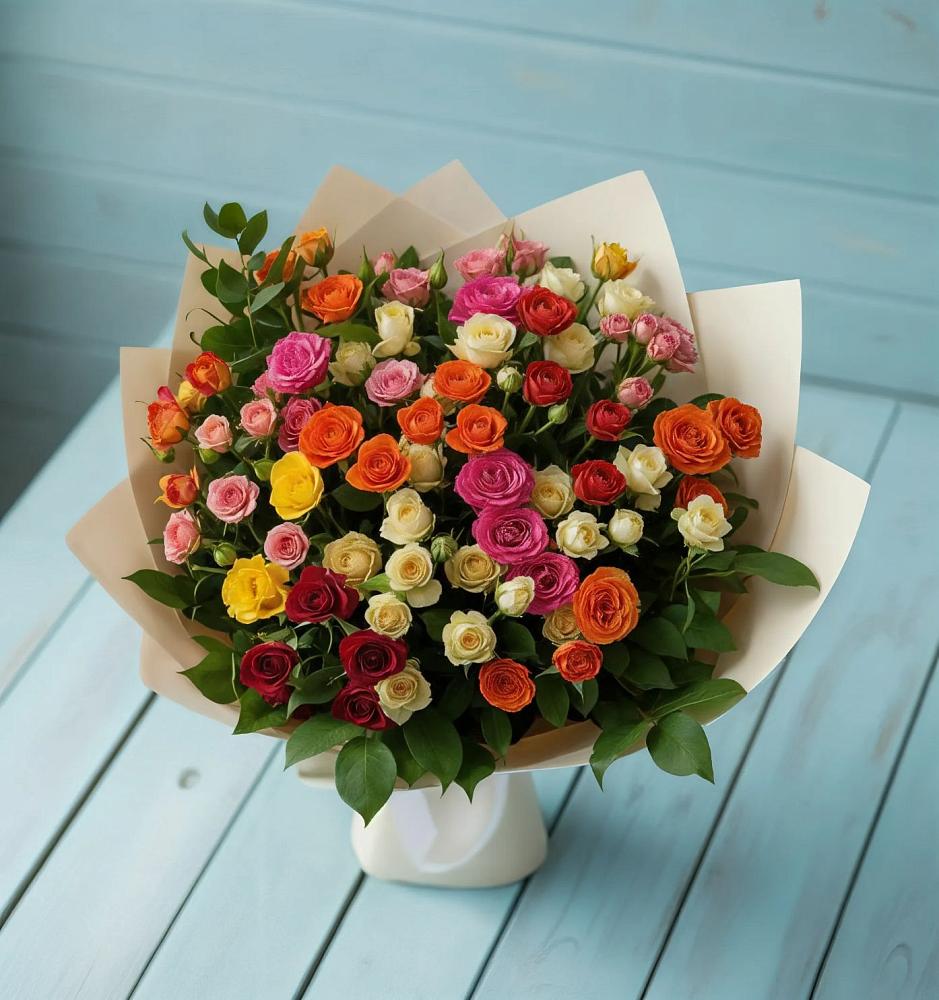 Букет Микс из разноцветных кустовых роз в Кошурниково