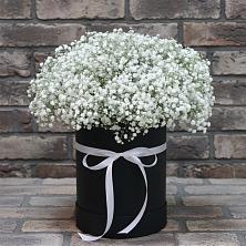 Цветочная композиция из Гипсофила в шляпной коробке в Кошурниково