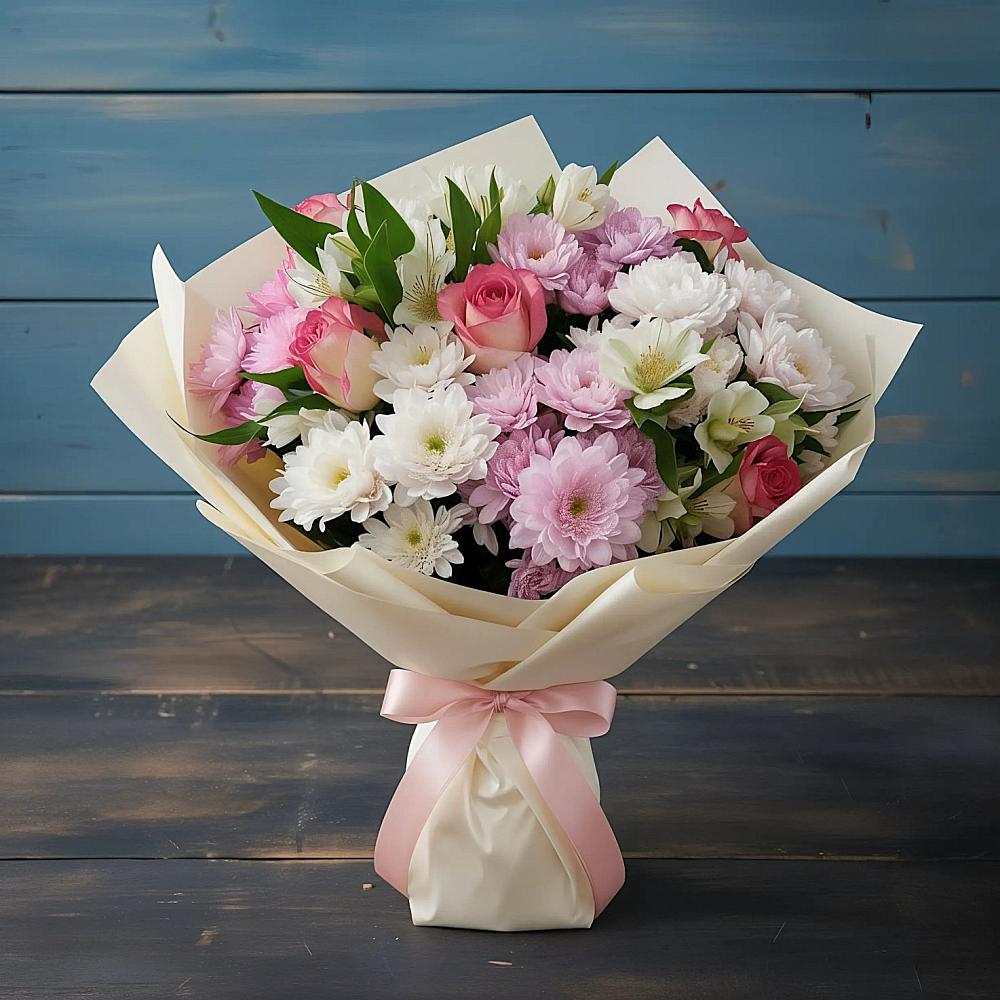 Букет цветов из: Хризантемы, Альстромерии и Розы в Кошурниково